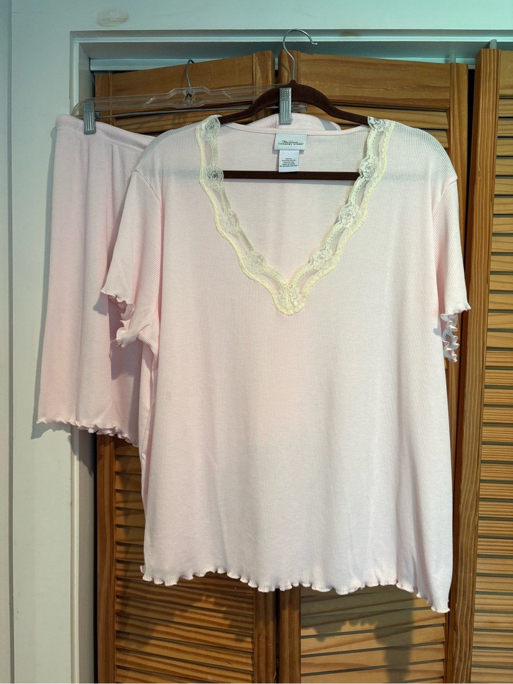 Vermont Country Store Women's Lace-Trim Pink Pajama Shirt and Shorts Set 3X Cozy
